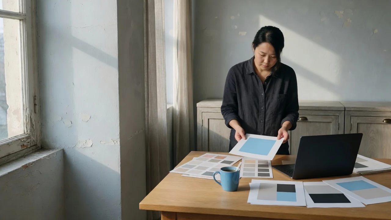 Designer comparing a color sheet beside a closed laptop