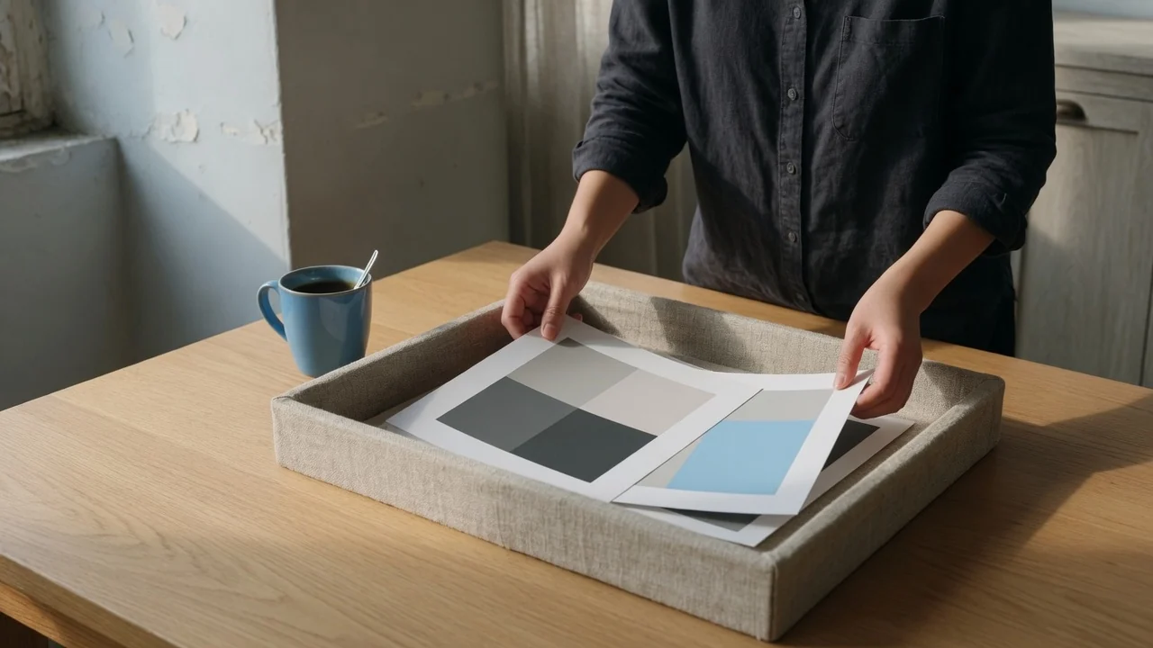 Hands sorting printed brand sheets into a linen tray
