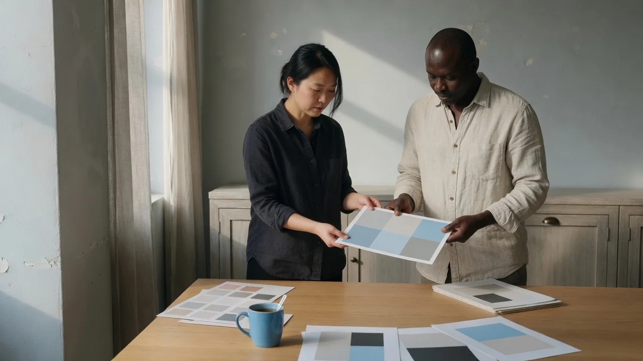 Two colleagues reviewing a printed brand palette