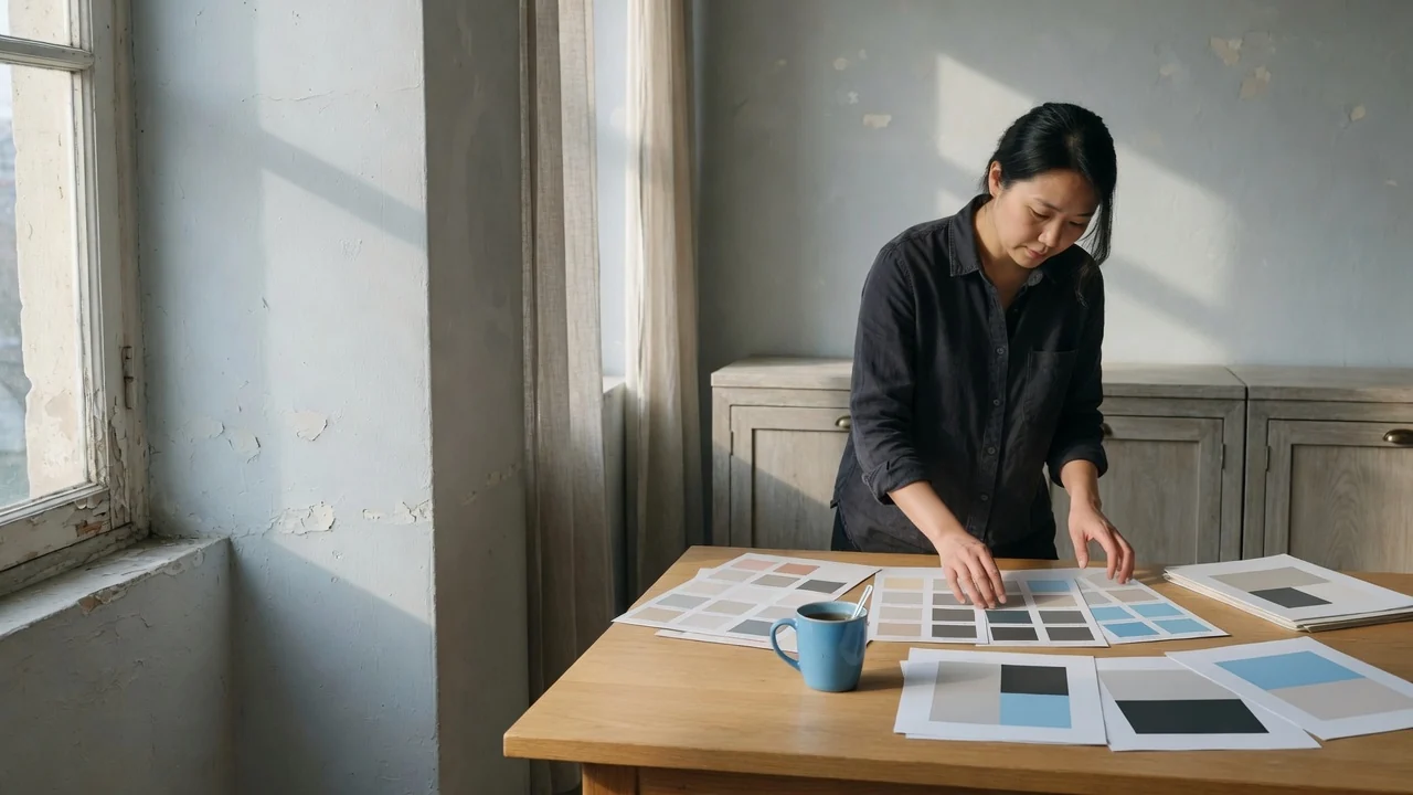 Designer laying out printed brand-kit color sheets at a studio table